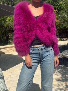 Vtg Y2K Purple/ Pink Faux Fur Feather Jacket Sz 8 /Medium Festival Harry Styles
